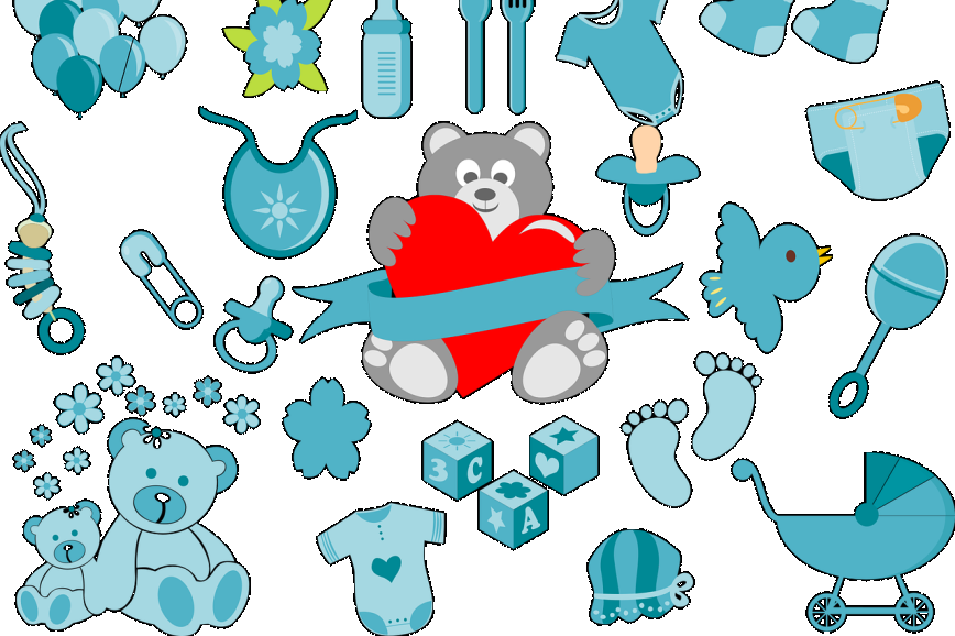 Rysunek misia trzymającego serce, obok wózek, ubranka, zabawki dziecięce.